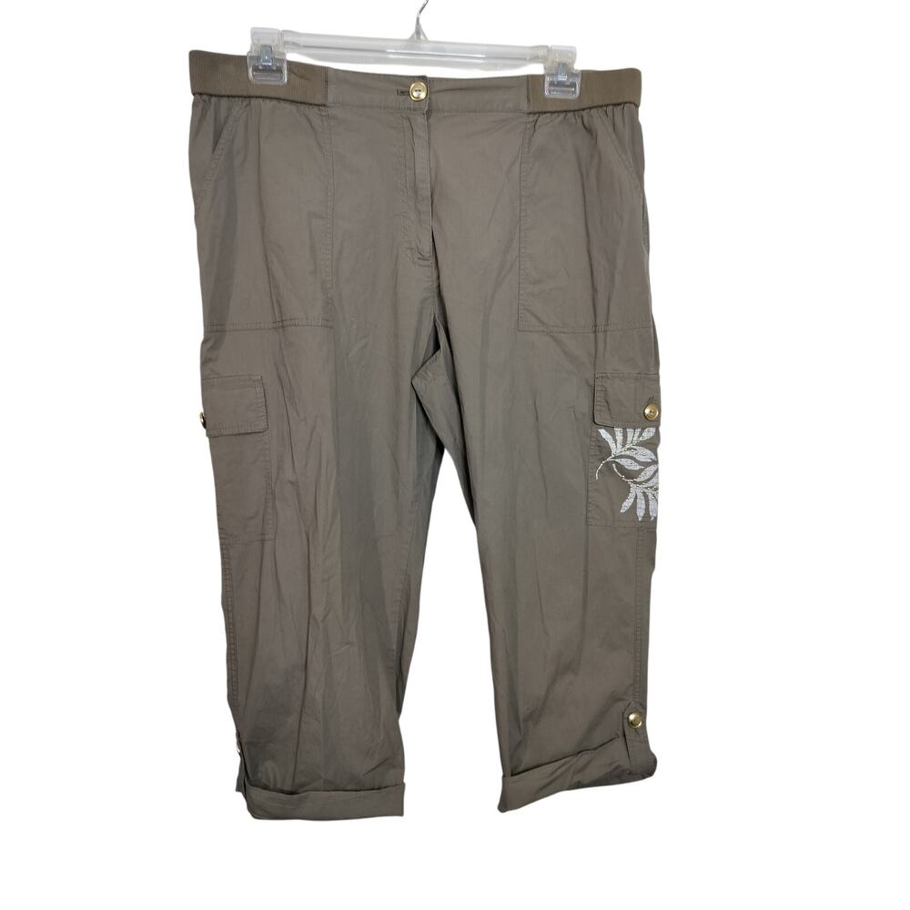 4397) Hearts of Palm Women Green Cargo Capri Relaxed Leaf Print Pants 18